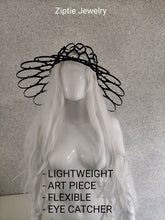Load image into Gallery viewer, Black avant-garde sculptural hat made from zip ties worn by a mannequin.
